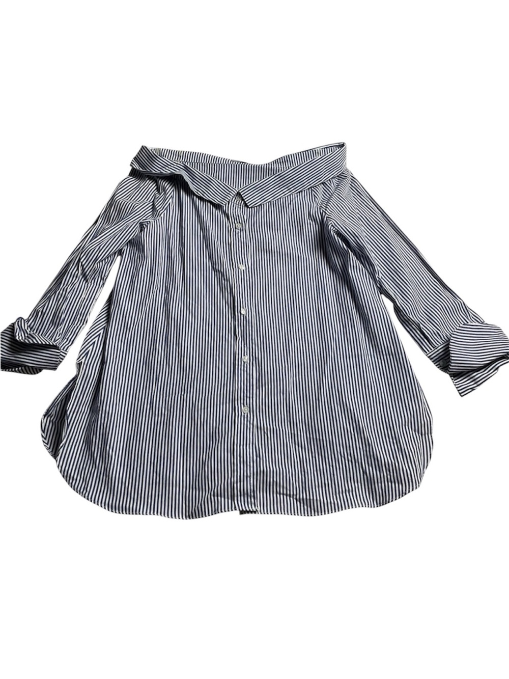 Abbeline Navy and White Striped Off-Shoulder Button-Down Shirt